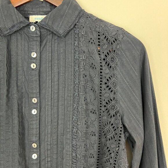 Sundance Blouse Top Womens PXS Black Eyelet Lace‎ Button up Long Flare Sleeve - Picture 4 of 11